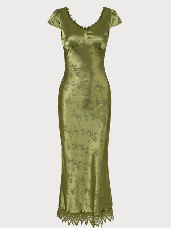 RIHOAS Dresses & Skirts - RIHOAS Olive Green Satin Maxi Dress with Lace Trim